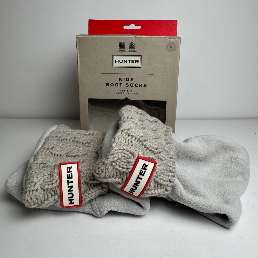 Hunter Kids Original Fleece Boot Socks Greige Cable Knit L UK 13-2 US 1-3 NIB